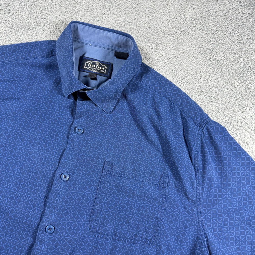 Nat Nast Button Shirt Mens Large Blue Silk Cotton Geometric Short Sleeve‎